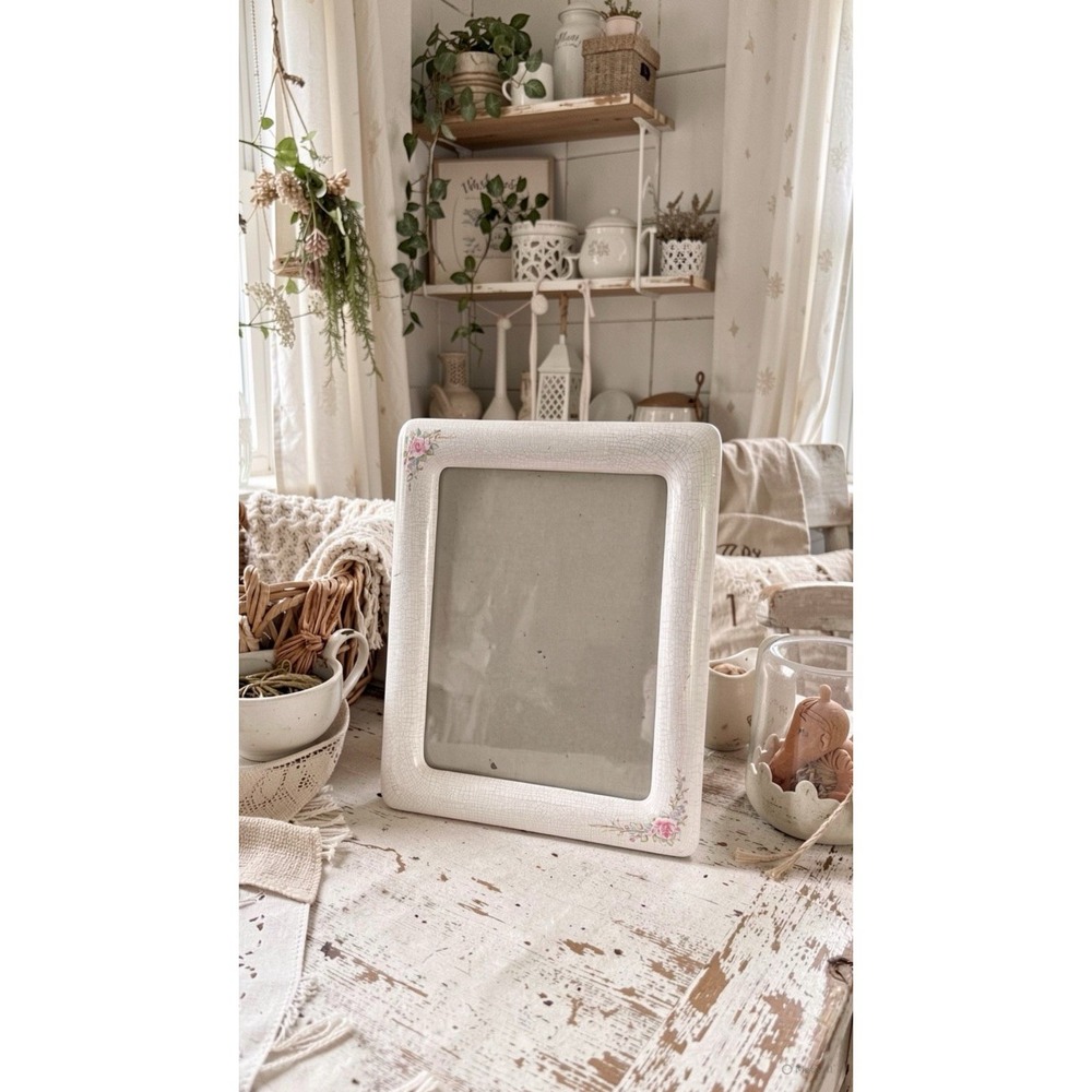 Vintage Burned Ceramic Picture Frame 8x10" White & Floral Cottagecore 80s Crazed